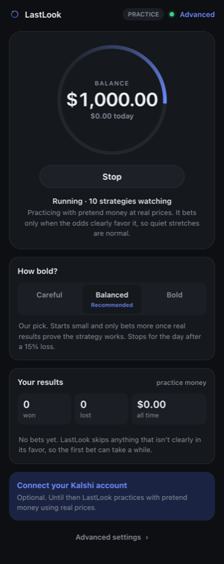 LastLook app: balance ring, Start button and a Careful, Balanced or Bold setting